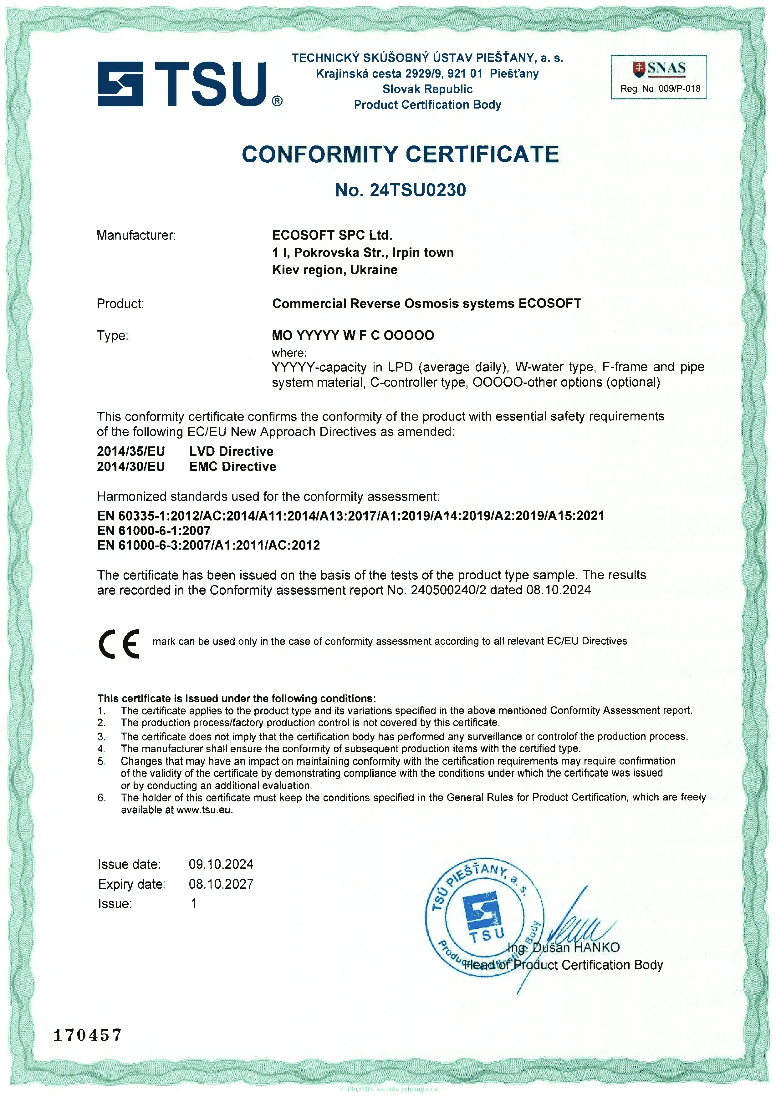 Certificates of the European company producing water purification
